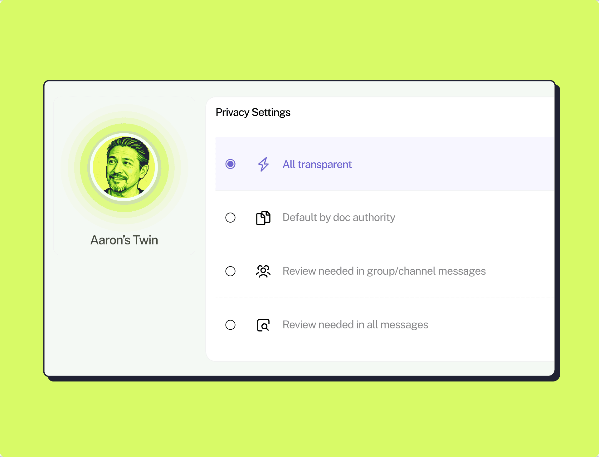Aaron's Twin privacy settings — All transparent selected, with options for doc authority defaults and review-needed modes