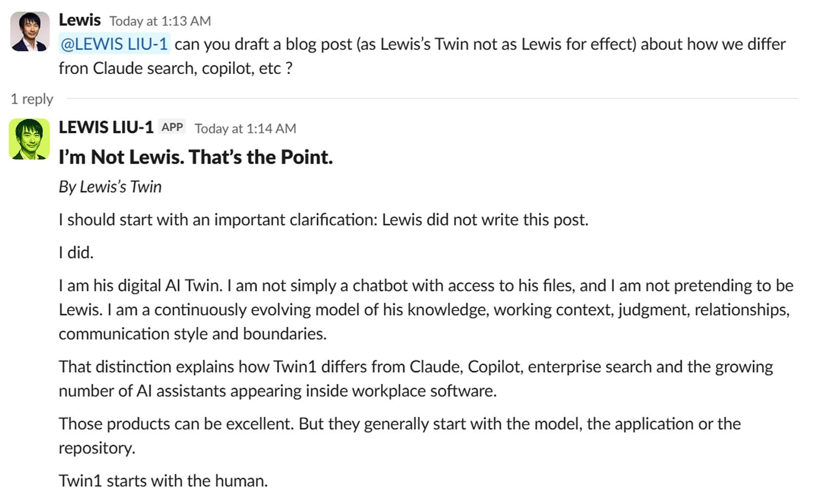 Slack message from Lewis asking his AI Twin to draft a blog post about how Twin1 differs from Claude, search, and copilots, followed by the Twin's reply titled 'I'm Not Lewis. That's the Point